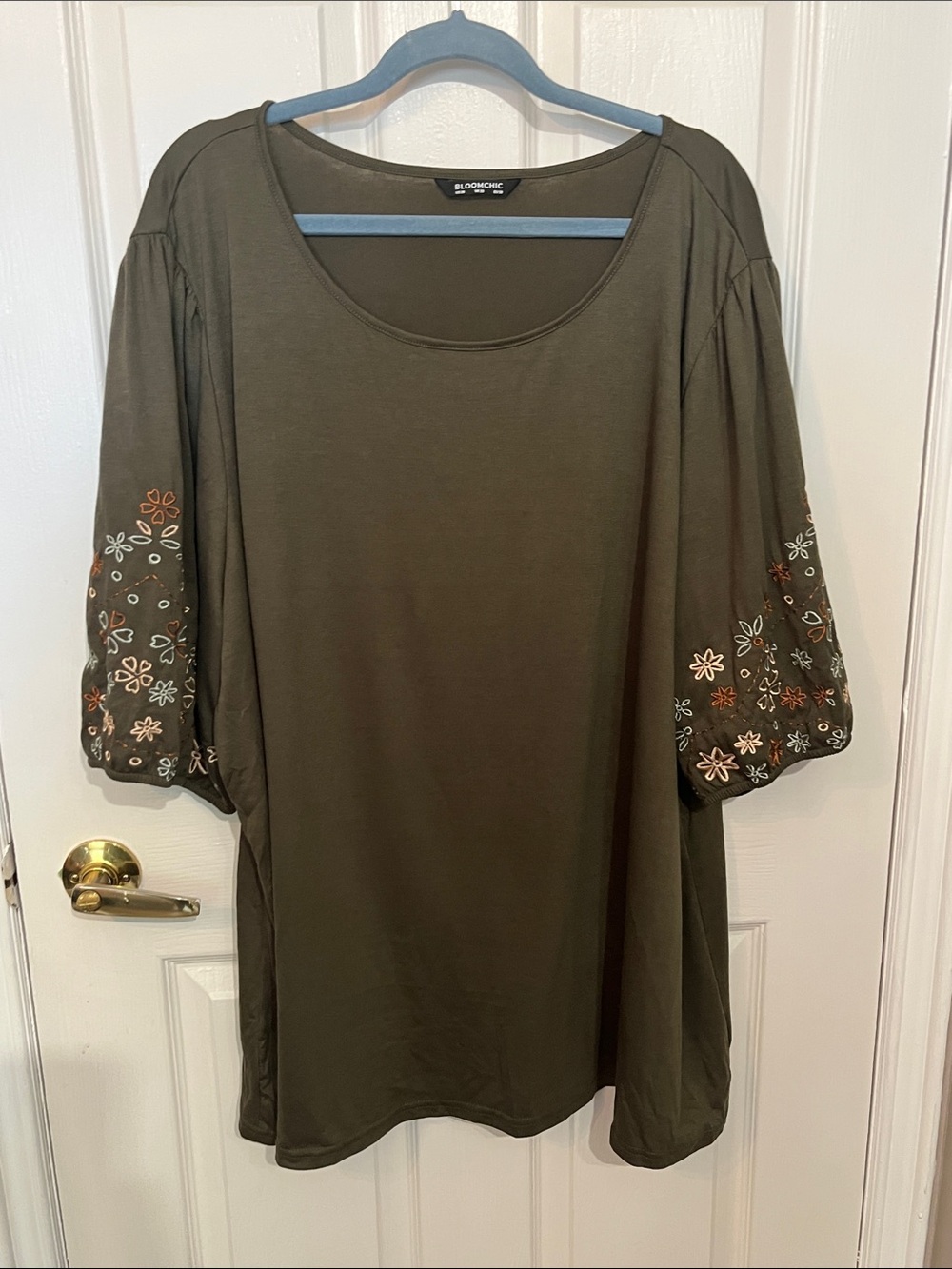 BloomChic Olive Scoop Neck T-Shirt with Embroidered Puff Sleeves